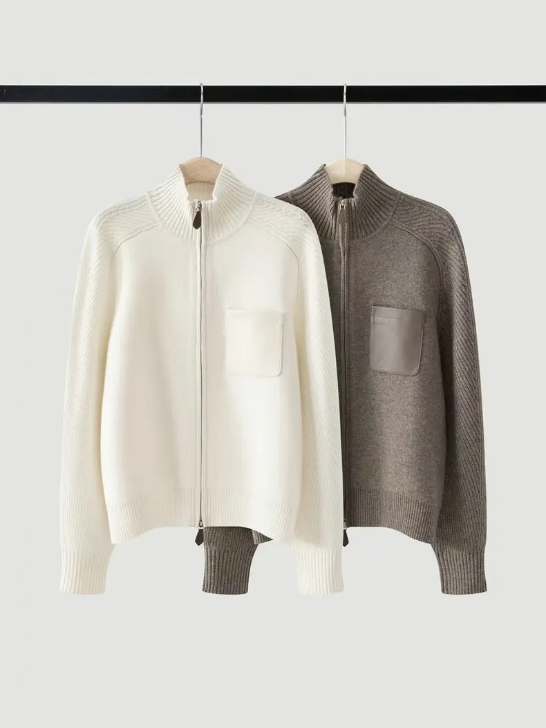 2026Women's Autumn/Winter Wool-Cashmere Stand-Collar Zip-Up Cardigan Jacket