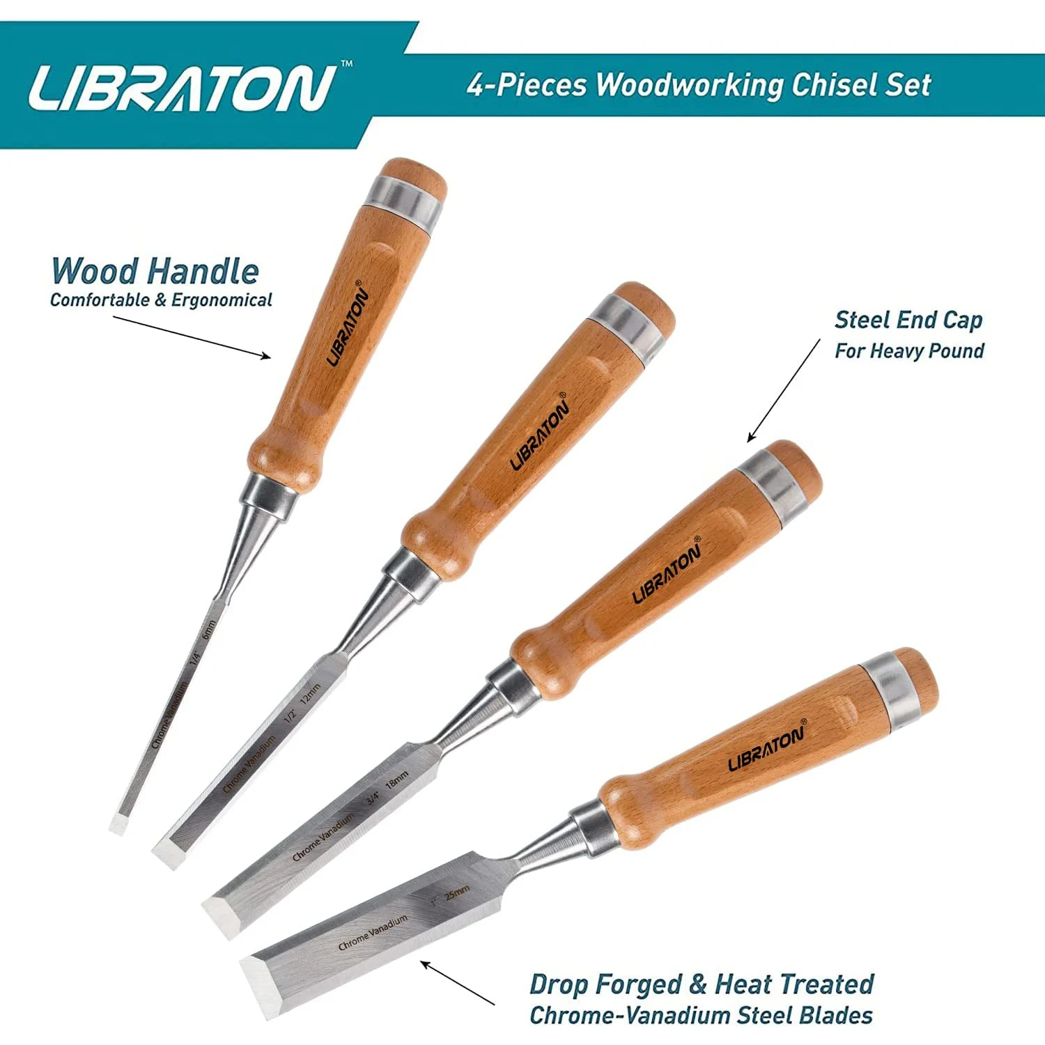 Libraton 4PCS Woodworking Chisel Set Cr-V Wood Chisels Set Professional Chisels with Leather Pouch for Carpenter