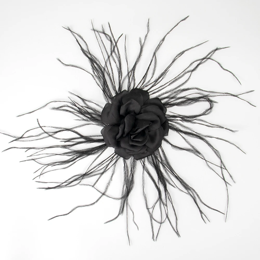 

Брошь ручной работы с перьями и большим цветком из ткани, унисекс, для выступлений, аксессуар для униформы