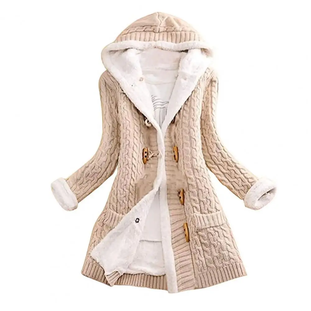 Women Knitted Coat Solid Color Woolen Yarn Sweater Coat Loose Fit Mid-Length Winter Jacket For Outdoor Women\'s Clothing