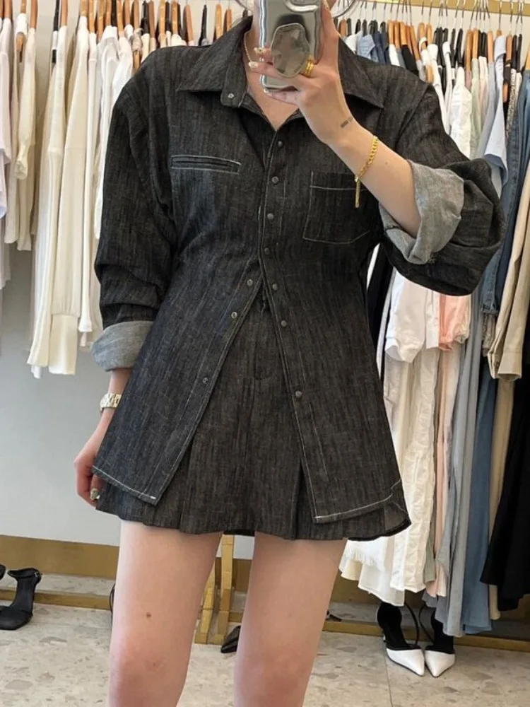 

Faionable irt-Sle Long Sve Pleated Waist Cinched Dr And ort Skirt Two-Piece Set Vintage Hong Kong Sle Women's...