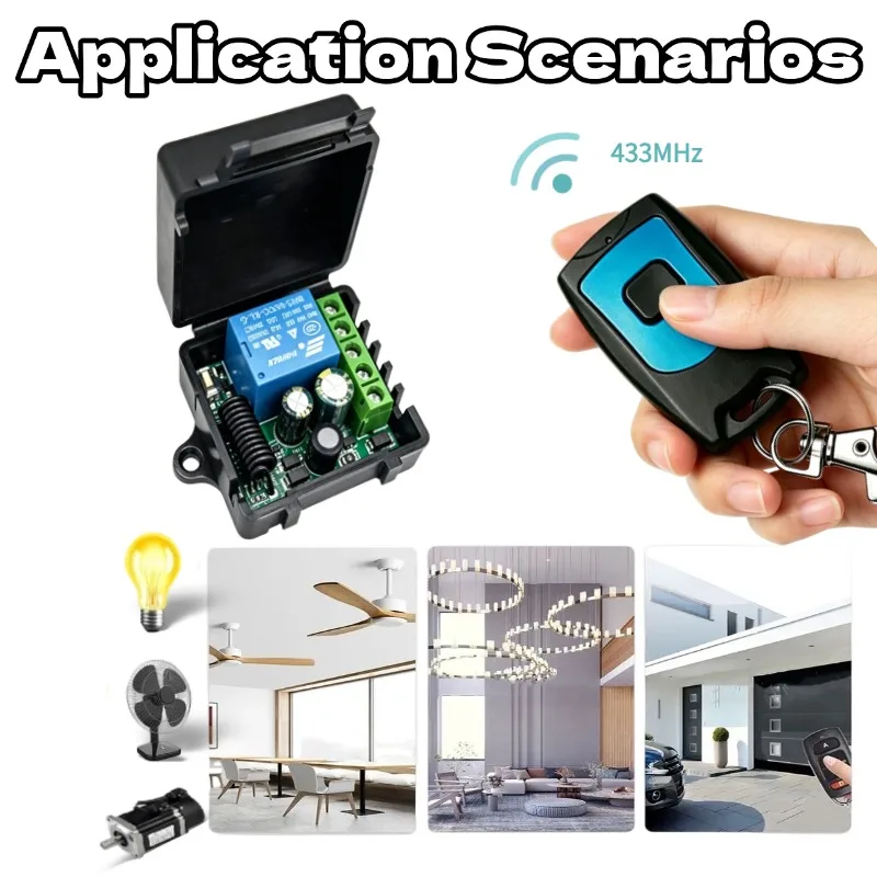 AC85-256V Single Channel 433MHz RF Relay Receiver With AB Key Remote Transmitter For Home Light & Garage Door Opener Control