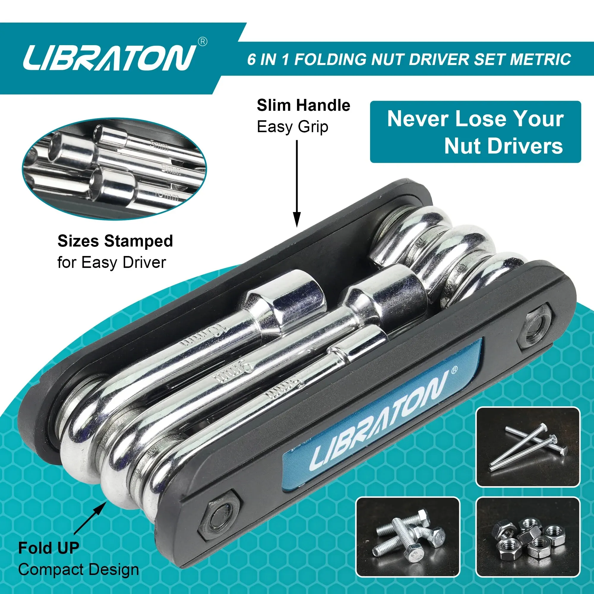 LIBRATON 6 in 1 Folding Nut Driver Set Metric Hex Nut Driver Set Folding Socket Wrench Cr-V Steel Shank Portable Premium Handle