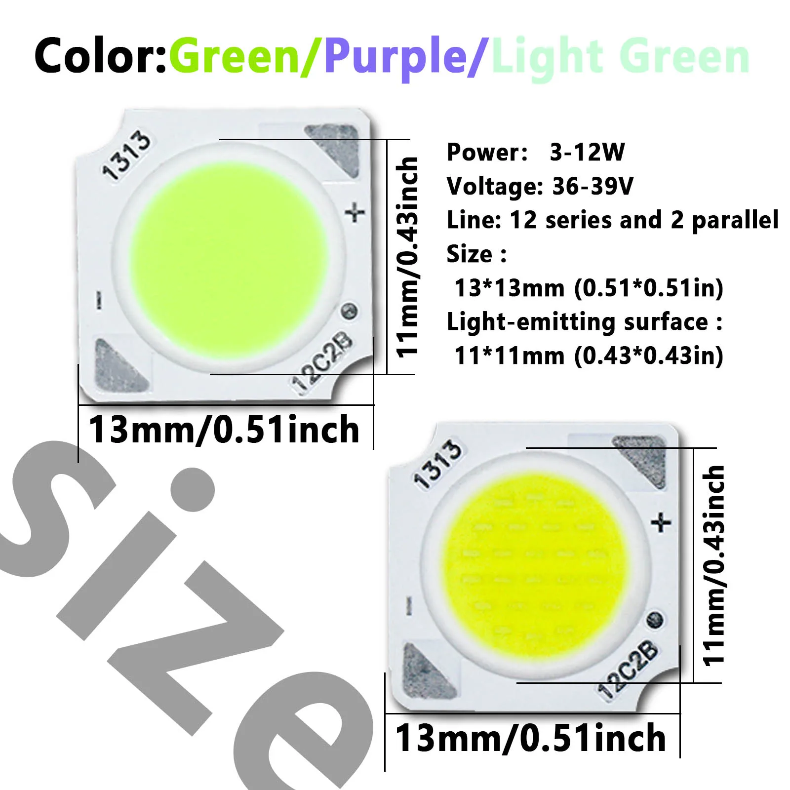 Bridgelux-Chips de luz LED de 3 a 12W, lámpara de matriz, DC36-39V de 300mA, verde/morado/verde claro, reflector para el hogar, 10 unidades