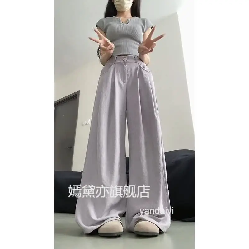 ブルー スーツ ワイドレッグ ハイウエスト 痩身 多用途 ルーズ ストレートレッグ カジュアル パンツ