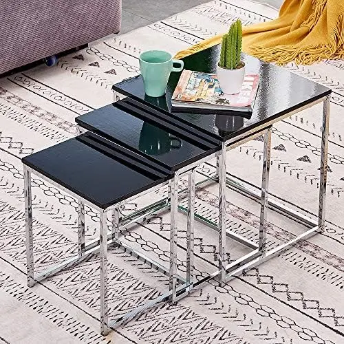 

YVONNE&F.L..M. Set of 3 Nesting Tables Nest High Gloss Square Modern Wood Tabletop Metal Frame Sofa Side Tables Cube End Ta