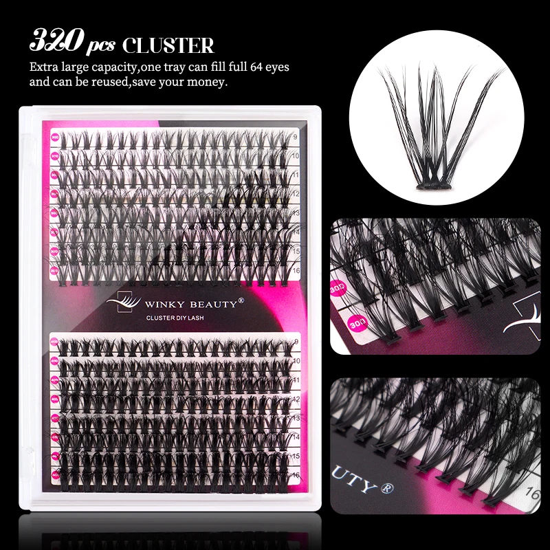 winky beauty 320PCS DIY Eyelash Extention Kit 30D+40D 9-16mm Mixed Length ,Bond ,Seal,Remover and Tweezers Cluster Lashes