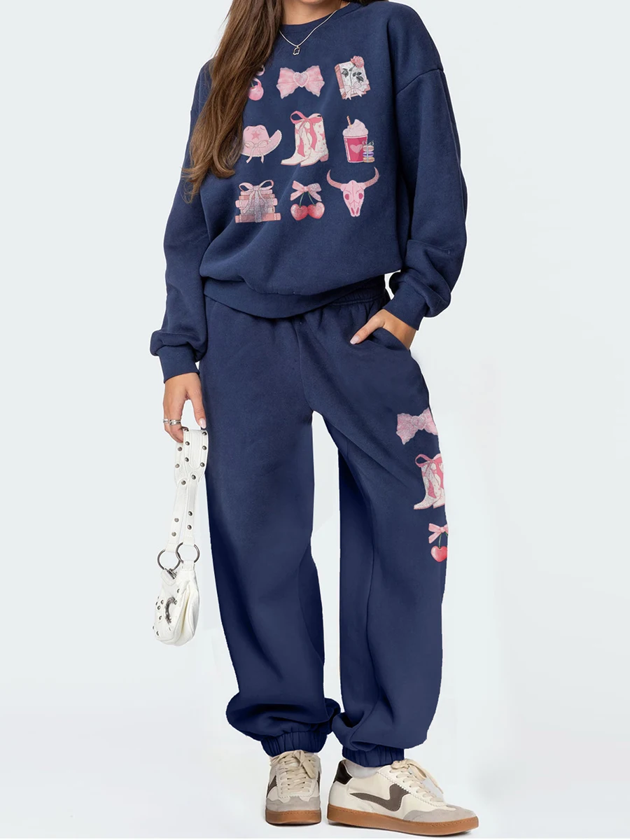 

Women Sweatshirt Set Bow Print Long Sleeve Pullover Long Sweatpants with Pockets 2 Piece Outfit
