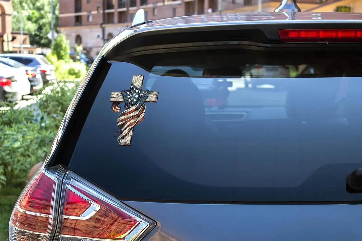 2 Pack American Flag Rustic Cross PVC Vinyl Sticker For Car Bumper And Rear Window Symbol And Message Decoration Decal