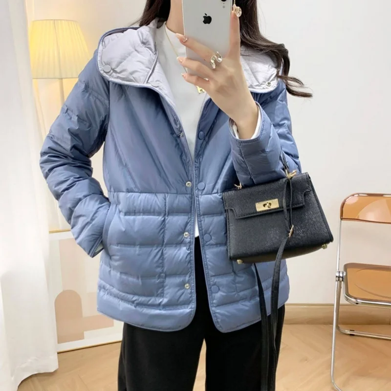 Two-Sided Warm Light Thin White Duck Down Coat Autumn Winter Women Single-breasted Down Jacket Lady Bigsize Puffer Parka Outwear