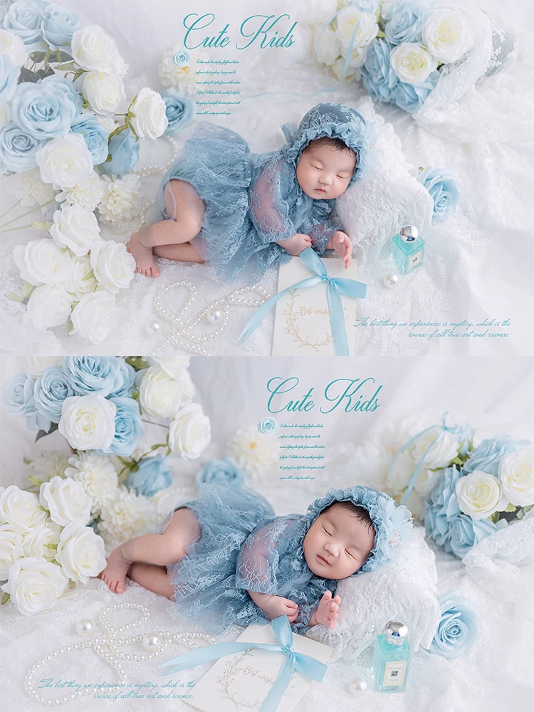 Aesthetic Blue Newborn Photography Props Soft Tulle Baby Photo Costume Baby Girl Dress White Rose Pearl Decor Studio Shoot Props
