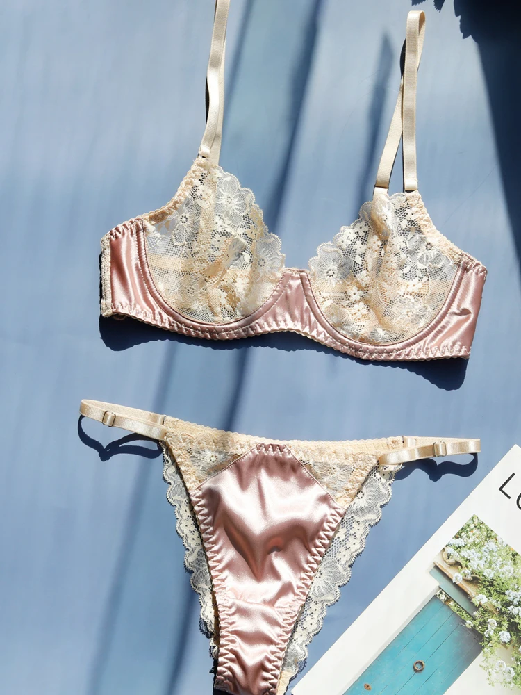 Women Fashion Lace Patchwork Lingerie Large Breast Bra Low Waist Thong Underwear Set Sexy Lace Contrast Color Lingerie For Women