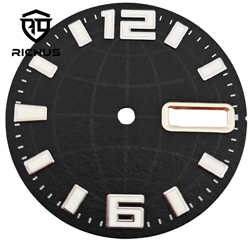 Циферблат часов RICHUS NH36 Черный циферблат 28,5 мм ​   Зеленый светящийся циферблат, подходит для механизма NH36, 3-часовая заводная головка, заводная головка на 3,8 часа
