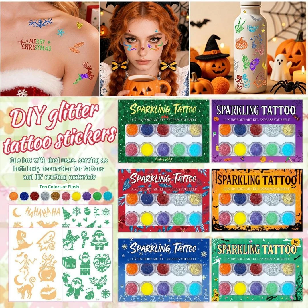 B New 10 Colors Glitter Powder+6 Sheets Christmas Tattoo Kit DIY Temporary Sparkling Body Art Set For Party Makeup