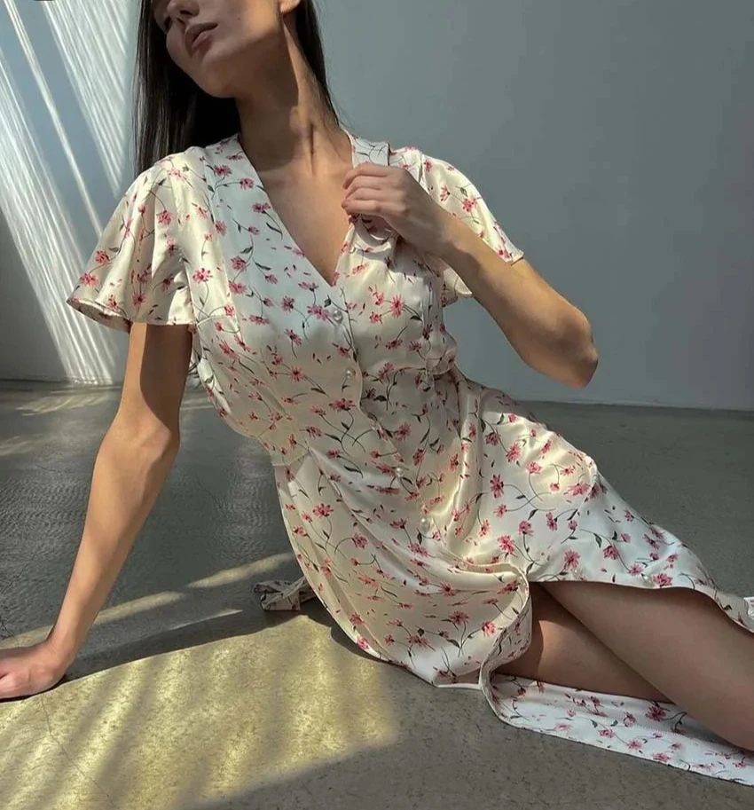 Robe élégante imprimée abricot pour femmes, mode col en v, manches courtes, à lacets, simple boutonnage, mi-mollet, nouvelle collection automne