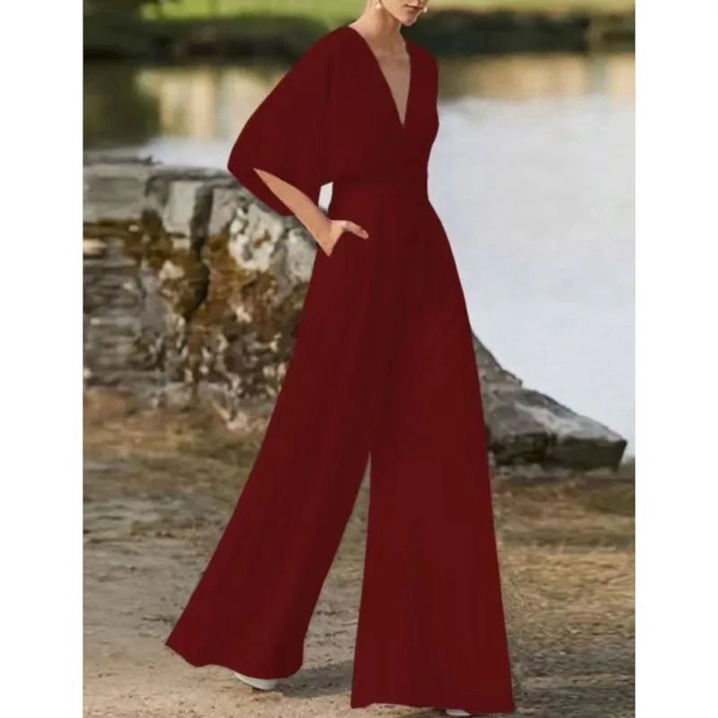 Women's Elegant Half Sleeve V-Neck Jumpsuits 2025 New Fashion Waist Long Wide Leg Jumpsuit Ladies Casual Loose Pockets Bodysuits