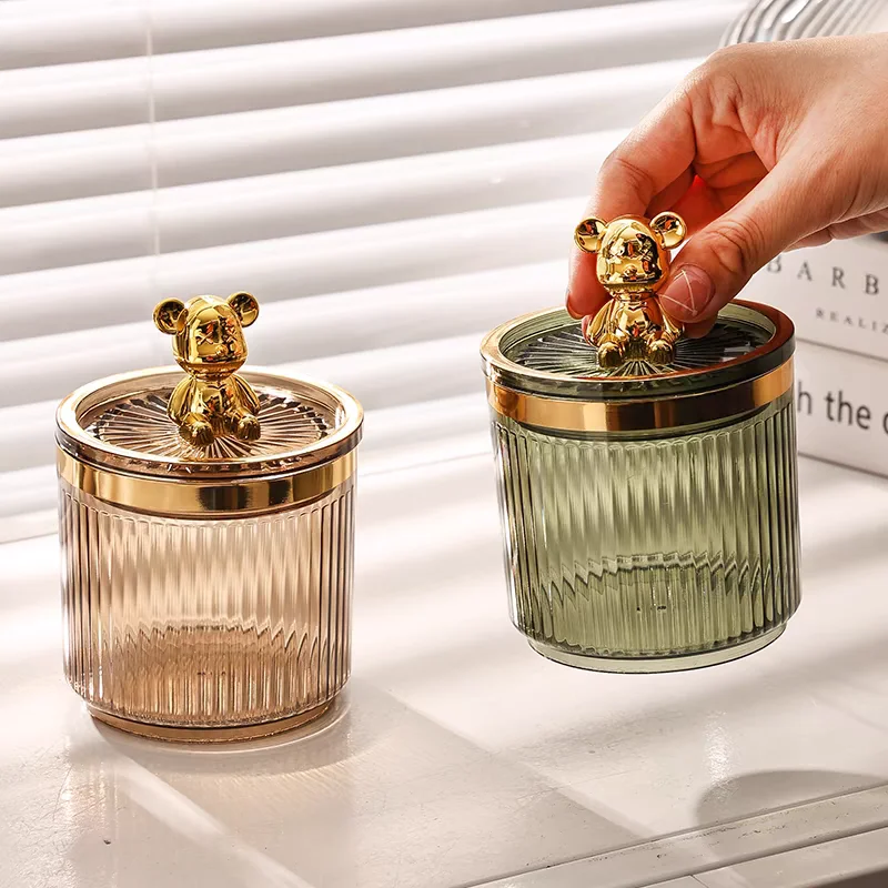 Niedlicher transparenter Bären-Aufbewahrungsbehälter, luftdichter Wattestäbchen-Organizer, staubdichtes Kunststoff-Kosmetikglas mit Deckel, Zahnstocherbox