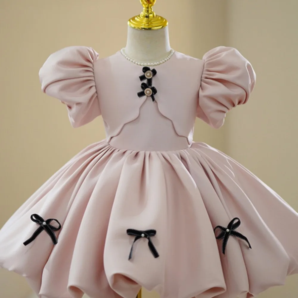 

Pink Bubble Sleeve Button Bow Children's Princess Dress Girls Dress vestido niña elegante princesa