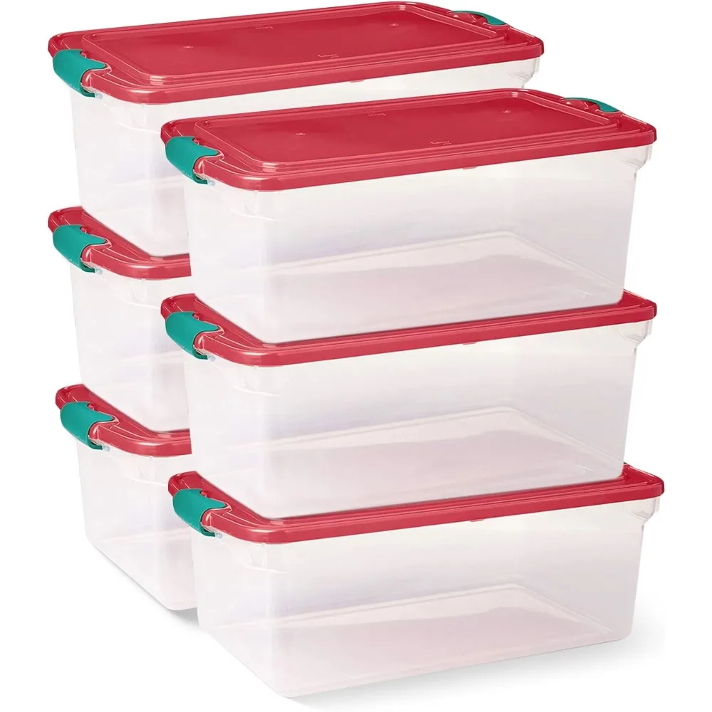 

6-Pack Holiday Tote, Plastic Storage Organizer Bins with Lids, 64 Quart, Clear/Red - Stackable Organizing Containers for Home,