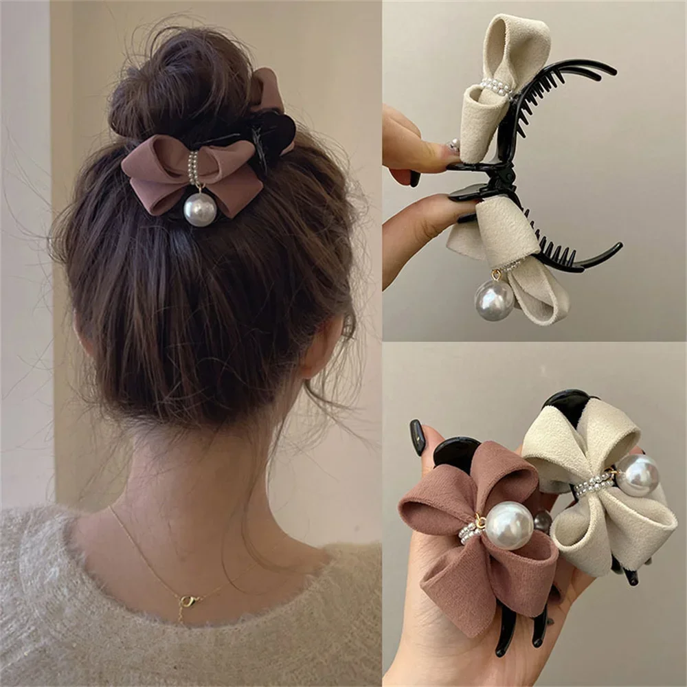 Korean Fashion Pearl Bow Ponytail Holder Sweet Plush Hair Claw Hairgrip Elegant Soft Solid Hair Clip for Girls Hairpin Headwear