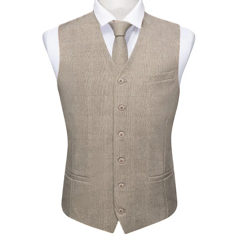 Silk Mens Vest Khaki Solid Pink Blue Black Brown Plaid V-Neck Waistcoat Tie Hanky Cufflinks Set Wedding Business Barry.Wang