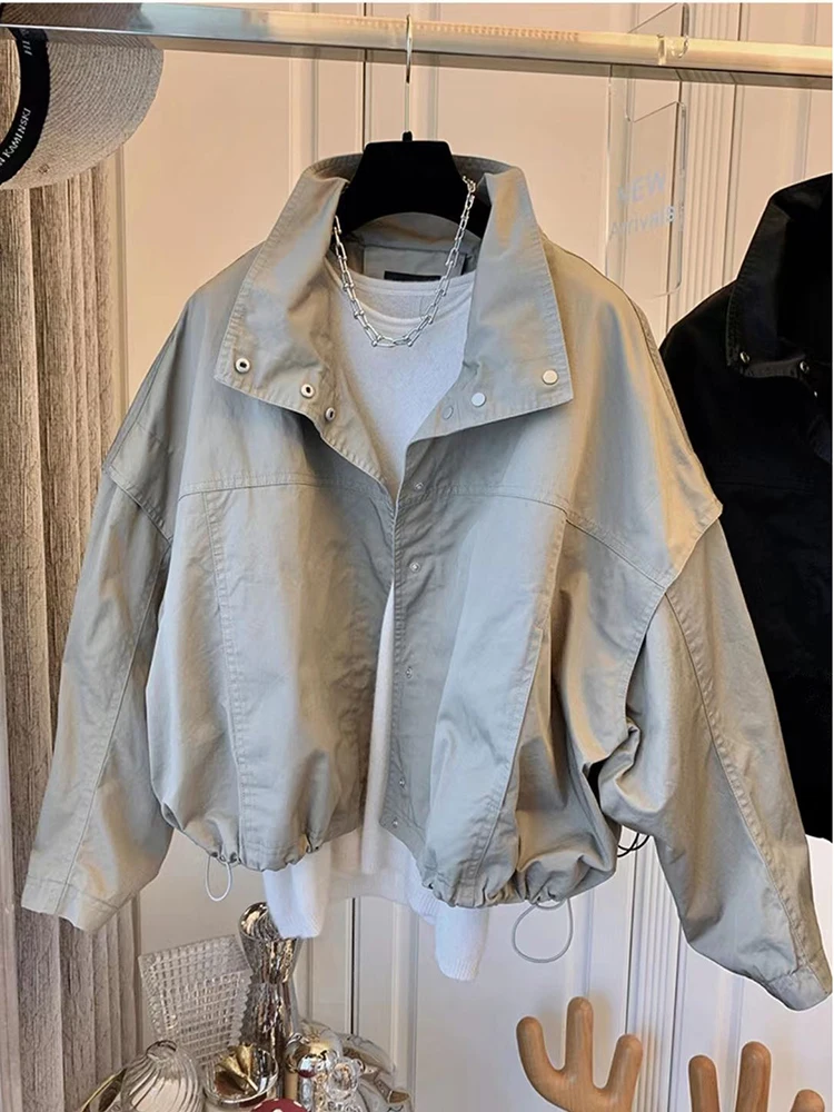 Casual Short Women's Bomber Jacket Stand Collar Loose Windbreaker Coat Streetwear Drawstring Basic Jacket Female 2023 Spring