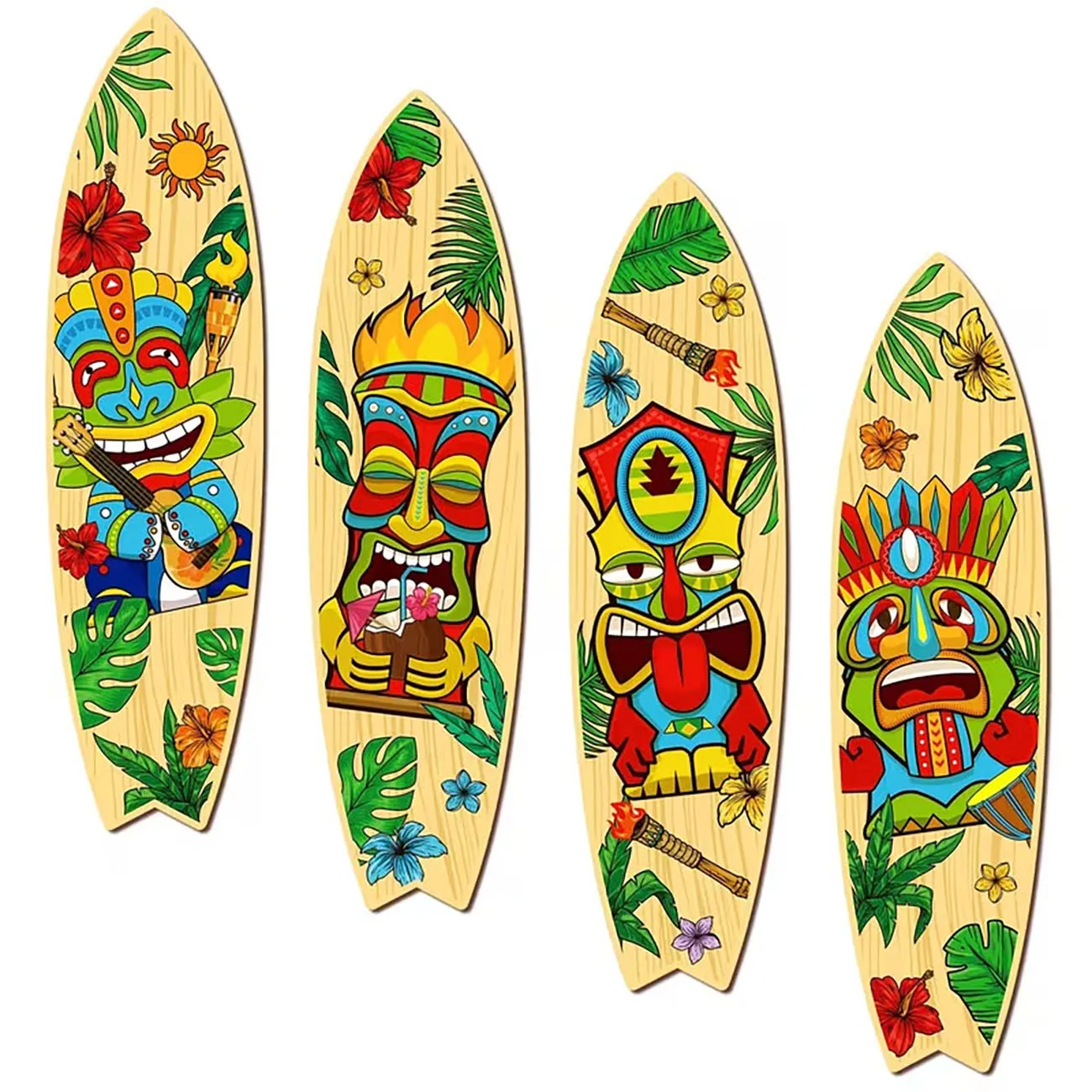 4Pcs Tiki Mask Surfboard Wooden Wall Decor with Nano Tape, Hawaiian Wall Art
