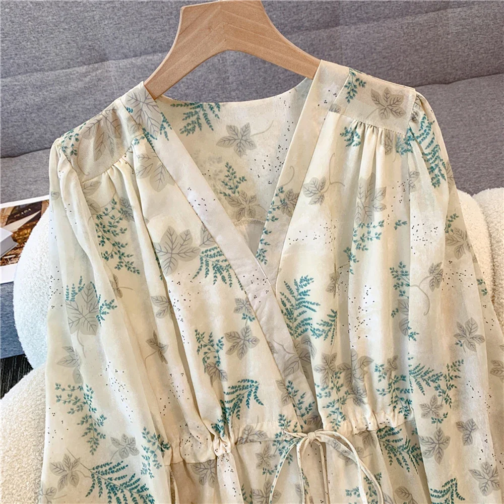 فستان NYFS نسائي فضفاض مقاس كبير بأكمام طويلة من الشيفون مُزين بنقشة الزهور على الطراز الكوري 2025 لربيع وصيف رداء أنيق جديد Elbise