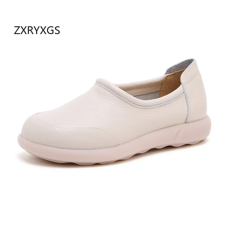 ZXRYXGS 2024 Autumn Round Toe Genuine Leather Shoes Flats Comfortable Soft Sole Anti Slip Wear-resistant Flat Shoes Woman New