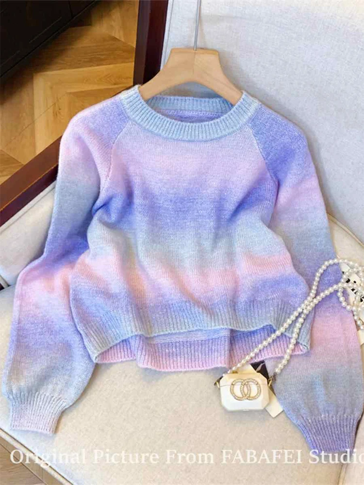 Women's Pink Pullover Knitted Sweater 90s Vintage Harajuku Korean Y2k Tie-Dyed Long Sleeves V-Neck Jumper Sweaters 2000s Clothes