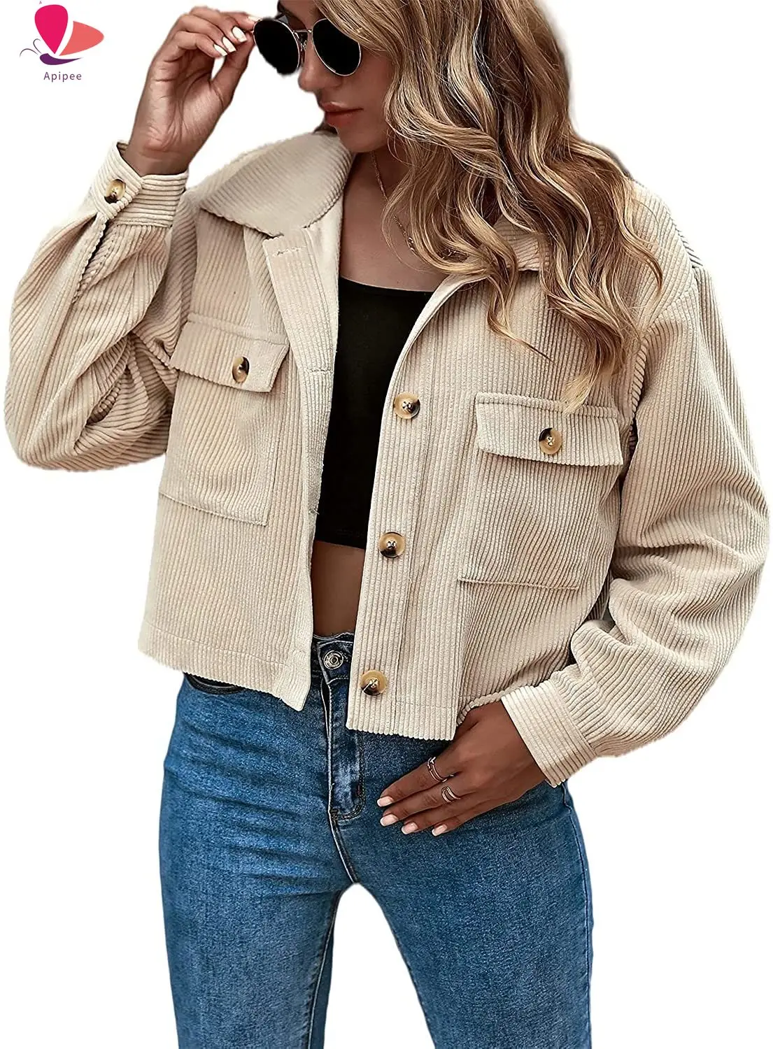 

Women Casual Cropped Corduroy Jackets Button Down Long Sleeve Shirts Jacket With Pockets Women Short Overcoat Ladies Jacket Tops