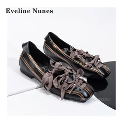 Bow Lace Up Mary Janes Square Toe Flat with Slip On Splicing Lady Sandals Mixed Colors Shallow Metal Decoration Retro Pumps 2024