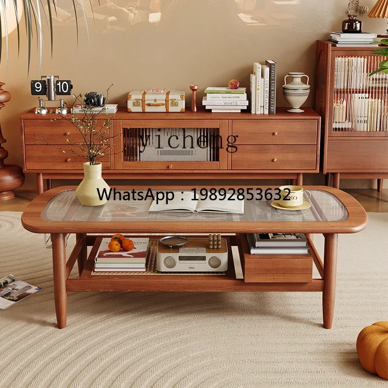 H3-24 coffee table small apartment living room retro high-footed square side table simple storage glass coffee table household