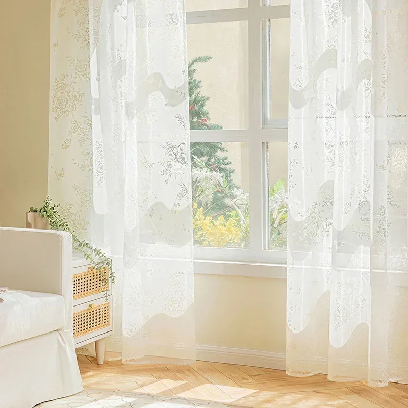 Nordic Style Rose Embroidery Window Screen Light-transmitting and Opaque White Gauze Curtains for Living Room Balcony Yarn