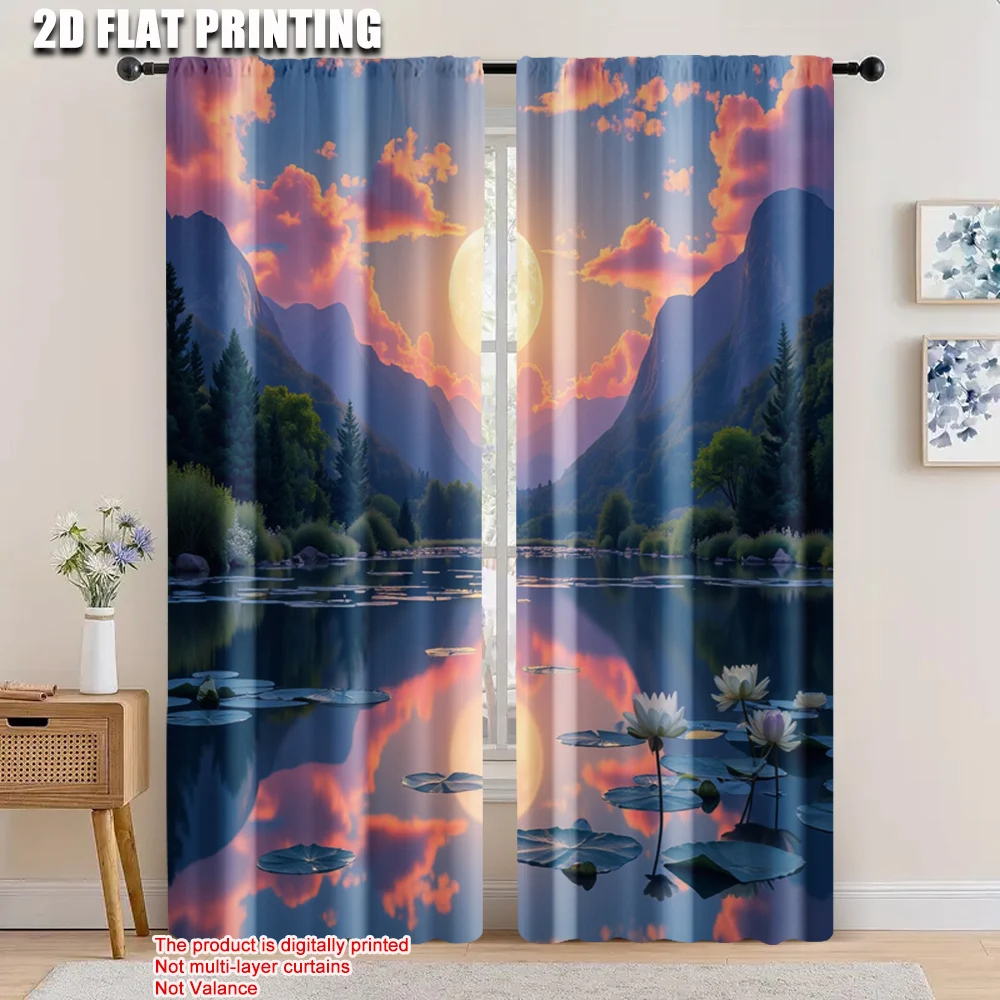 

2pcs, 2D flat printing Window Drapes moon Durable 100% Polyester Fabric,Without Electricity Family Party Decoration Suitable for