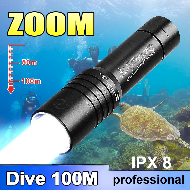 Professional Diving Flashlight Rechargeable Underwater Led Hand Lantern T6 Wick Powerful High Power Telescopic Zoom IPX8 Torch