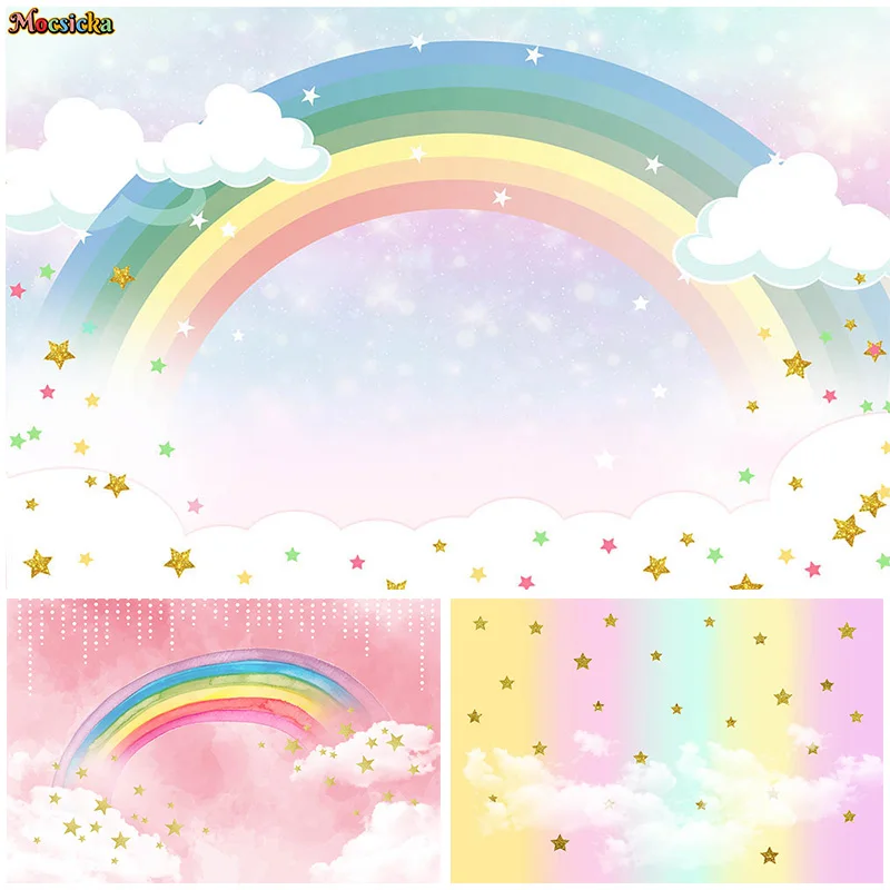 

Mocsicka Baby Show Photography Background Happy Birthday Party Rainbow Clouds Backdrop Cake Smash Photo Banner Studio Props