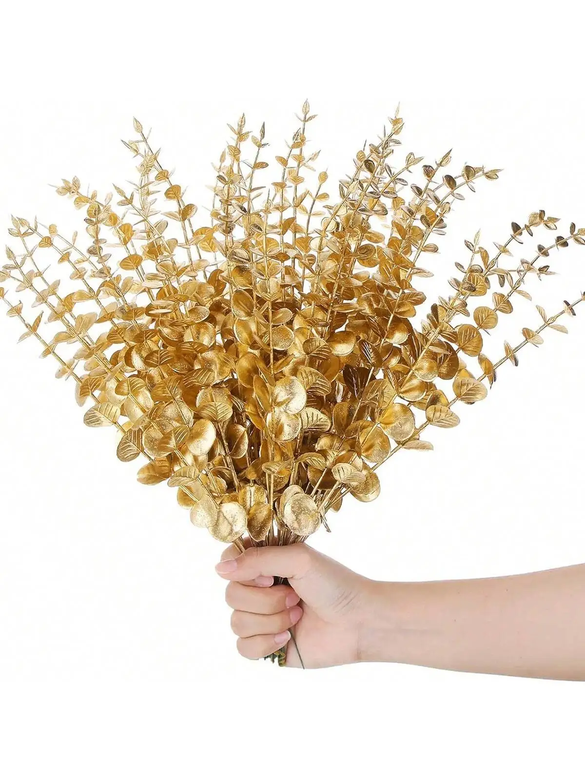 

3/10pcs Artificial Golden Plants Decor, Faux Gold Eucalyptus Stems Bushes Fake Leaves Plant Shrubs For Indoor Outdoor Hall Tabl