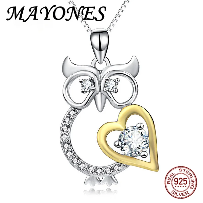 

Аутентичное ожерелье из стерлингового серебра 925 пробы, модное двухцветное ожерелье в форме сердца совы, инкрустированный цирконом, женский подарок