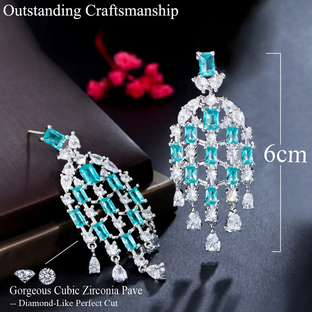 ThreeGraces Sweet Light Blue Cubic Zirconia Long Geometric Tassel Drop Earrings for Women Fashion Banquet Dinner Jewelry ER896