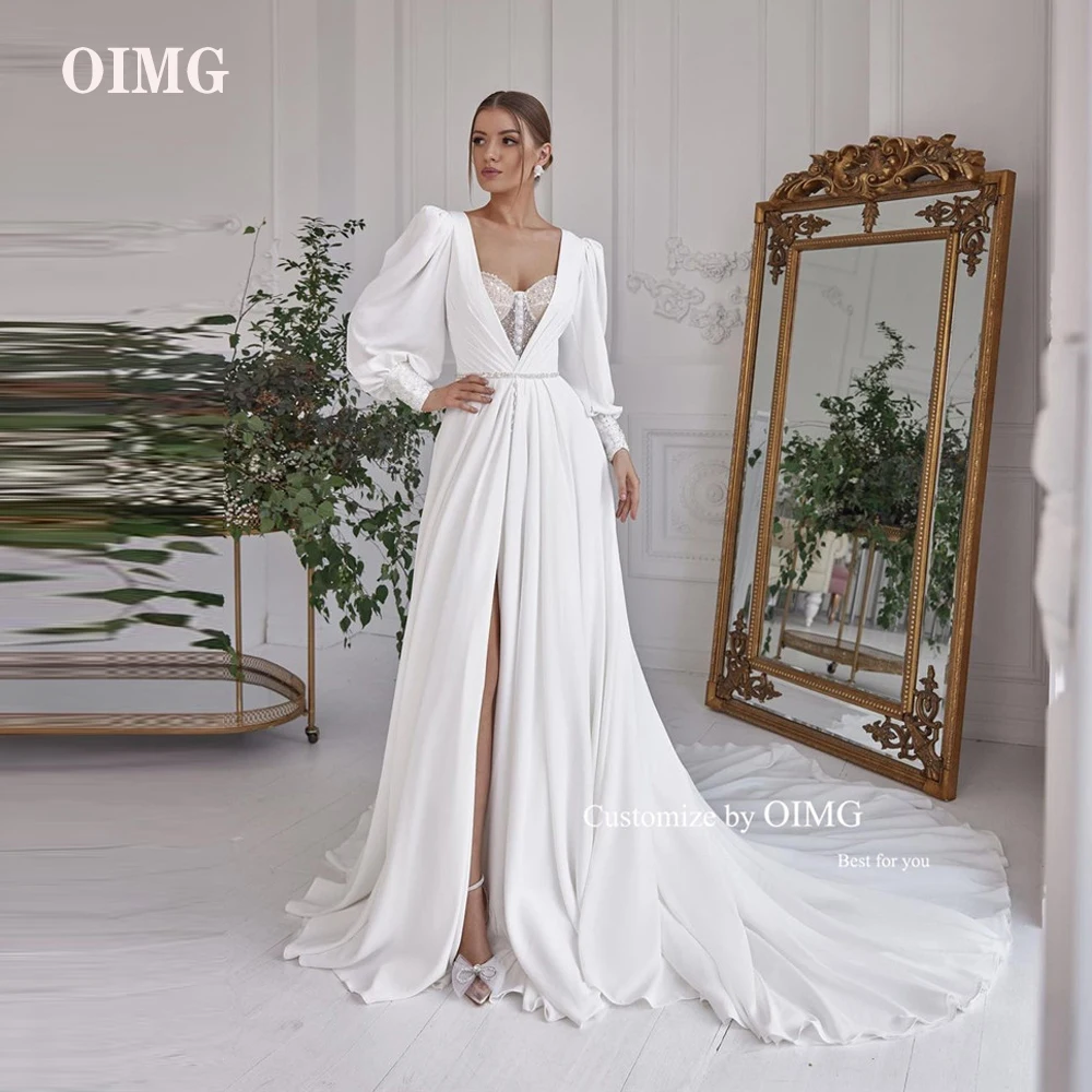 

OIMG Elegant A Line Chiffon Puff Long Sleeves Wedding Dresses Beach Sweetheart Split Sweep Train Bridal Gowns Robe de mariage