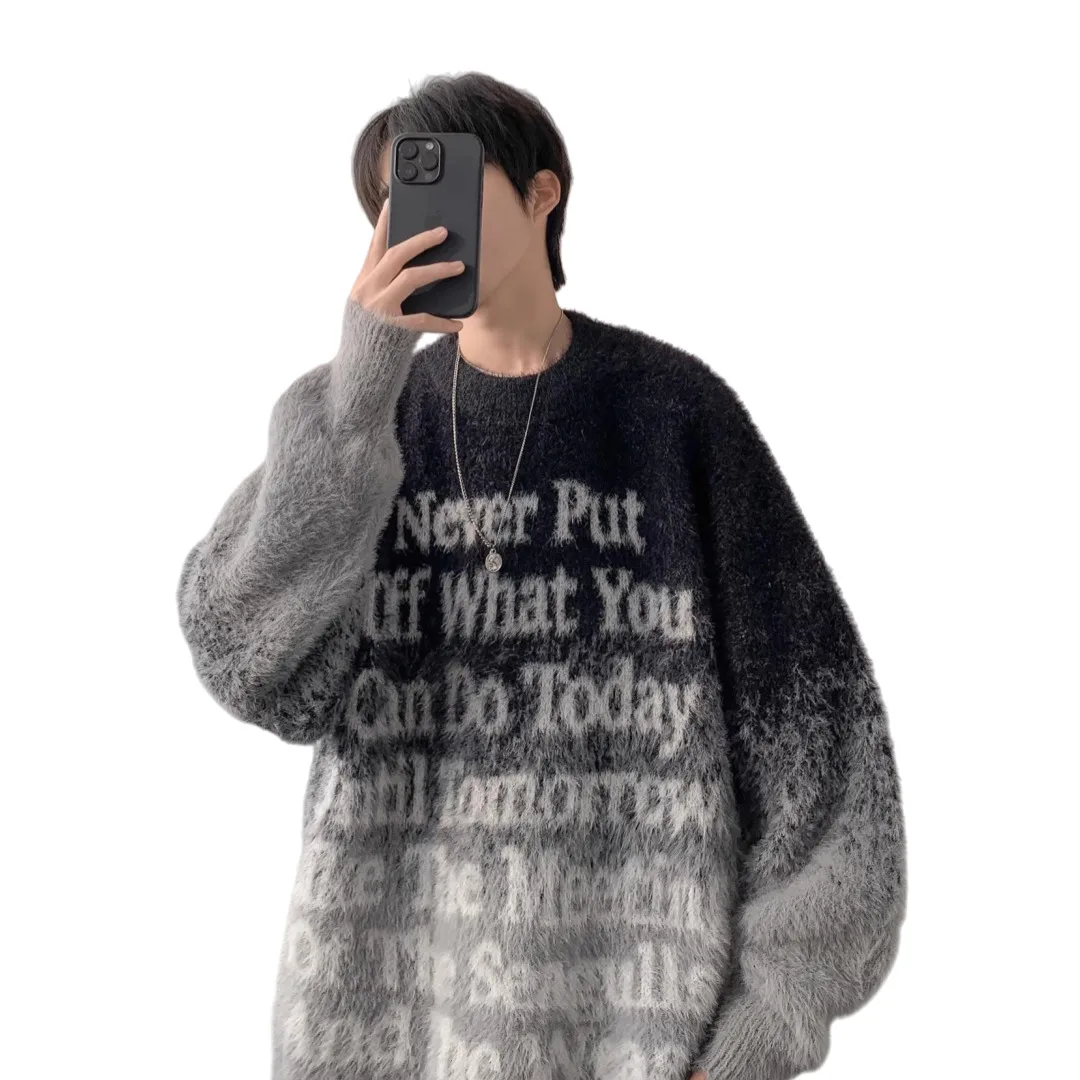 Man Letters Sweater 2025 Autumn Winter Men's Retro Sweater Crew Neck Couple Sweater Thickened Knitwear