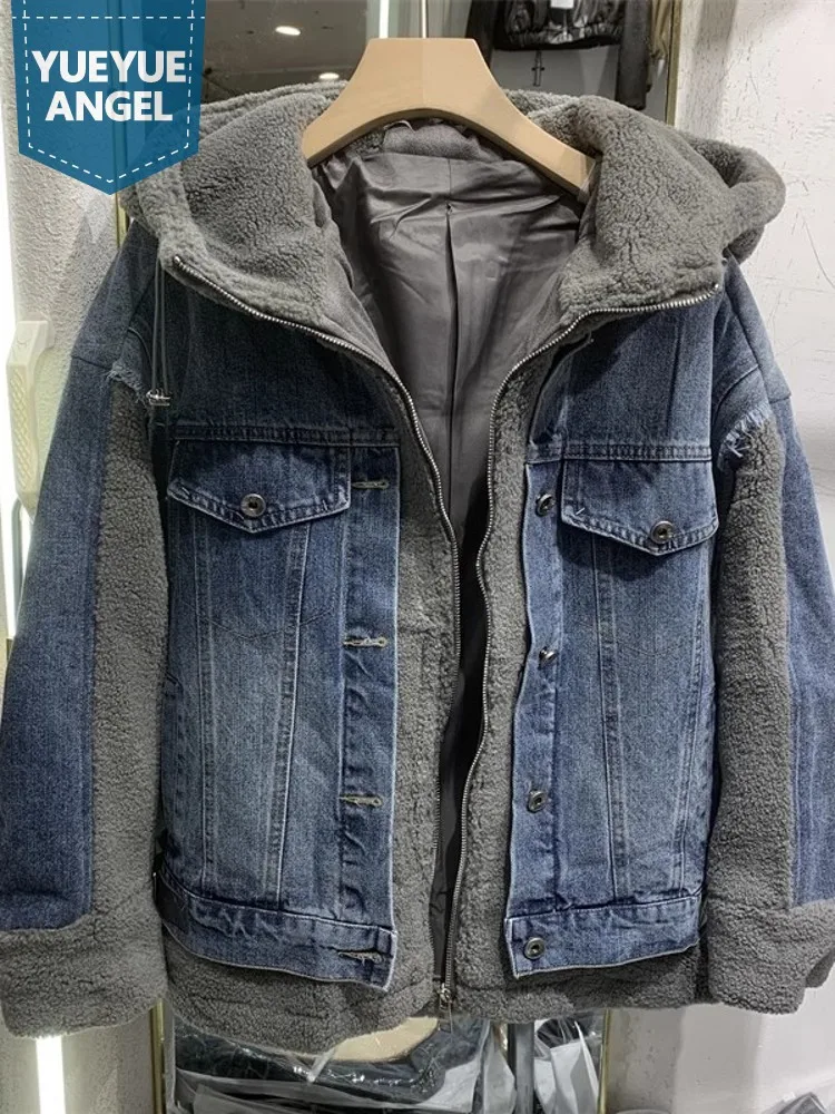 Boyfriend Style Women Winter Thick Fur Spliced Denim Jacket Loose Fit Hooded Coat Casual StreetwearZipper Faux Fur Warm Overcoat