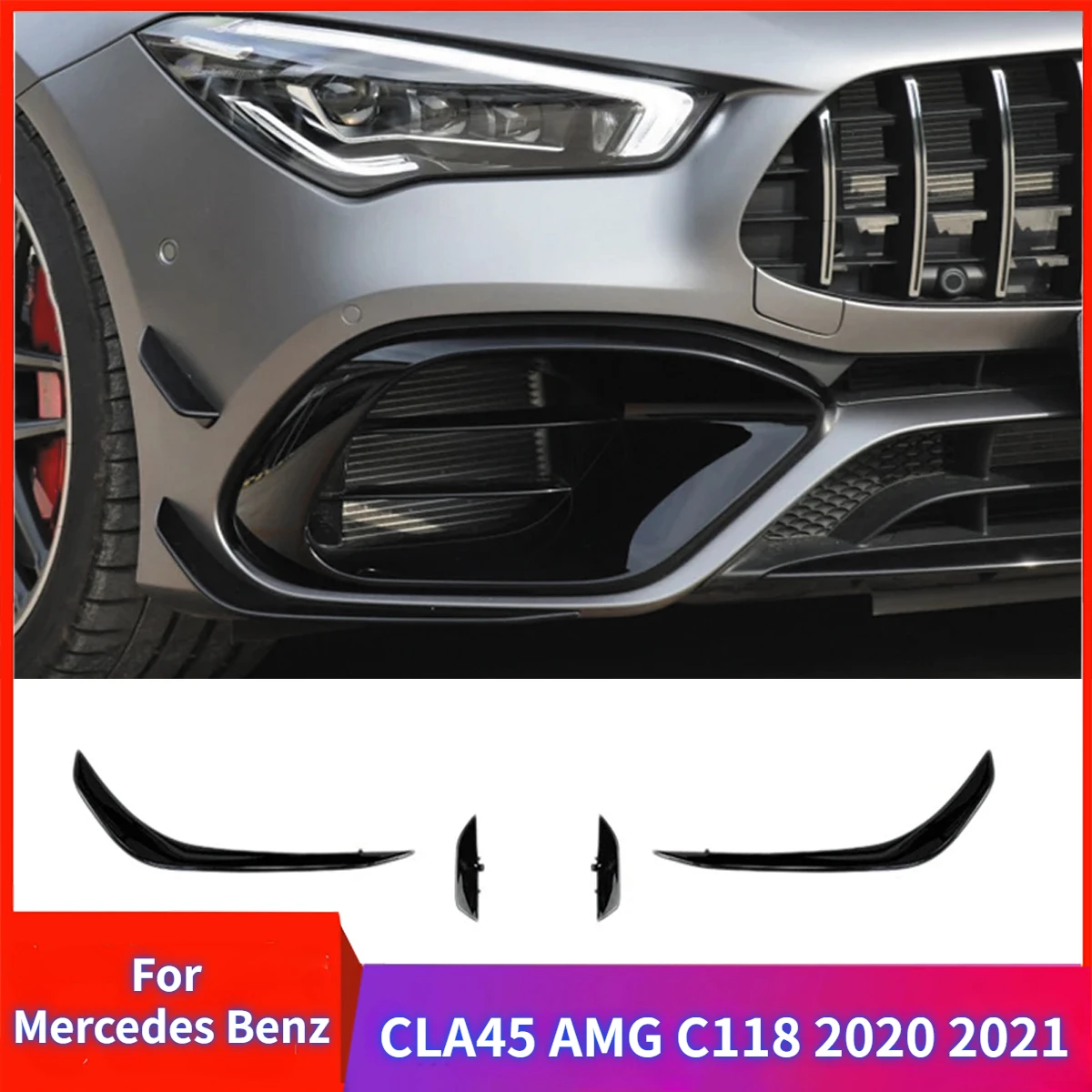 

For Mercedes Benz CLA45 AMG C118 2020-2021Front Bumper Spoiler Bumper Spoilers Fog Lights Decorative Cover Body Kit Glossy Black