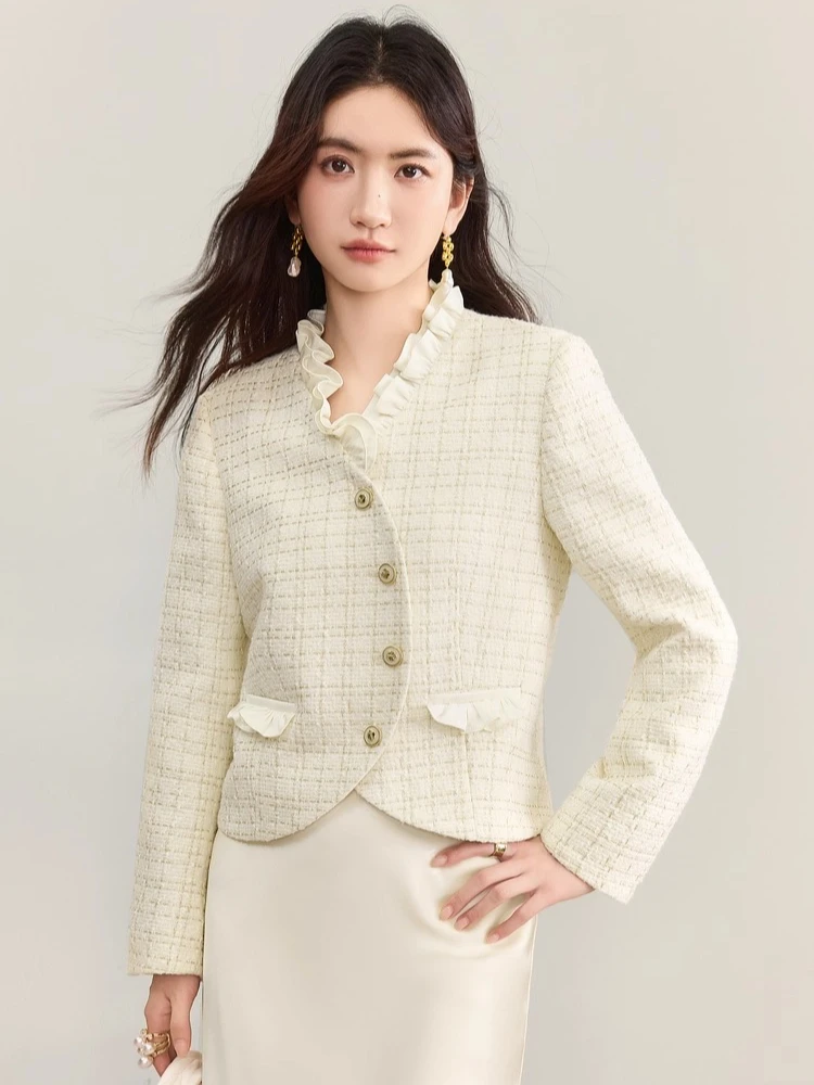 

SENTUBILA Women's Short Coat 2025 Autumn V-Neck Placket Long Sleeve Lightweight Commuter Office Wear Fashion Top Q53WA3435
