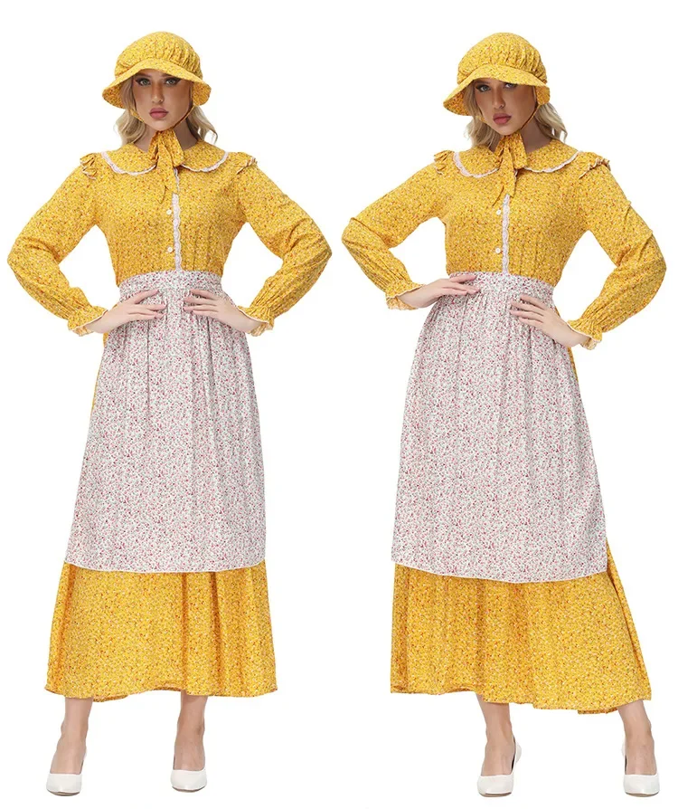 Yellow Floral Colonial Girl Prairie Pioneer Dress Maid Dress