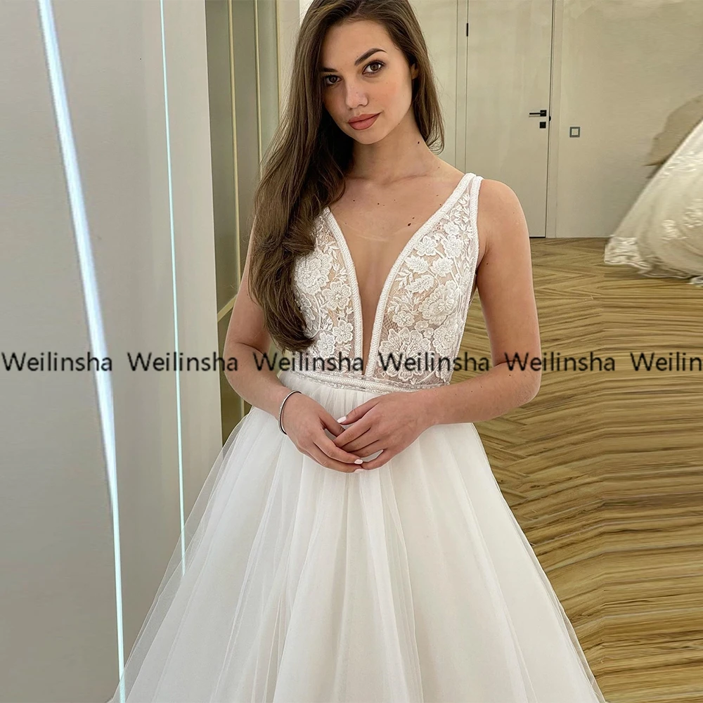 Customized Weilinsha V Neck Soft Tulle A Line Hot Sale Wedding Dresses Cap Sleeve Sleeveless Bridal Gowns Charming White Robe De