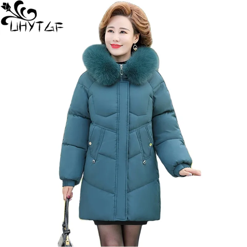 

UHYTGF Middle-Aged Elderly Mom Winter Parkas Jacket Womens Fur Collar Hooded Cold Proof Coat Female Plush Warm Overcoat 5XL 2066