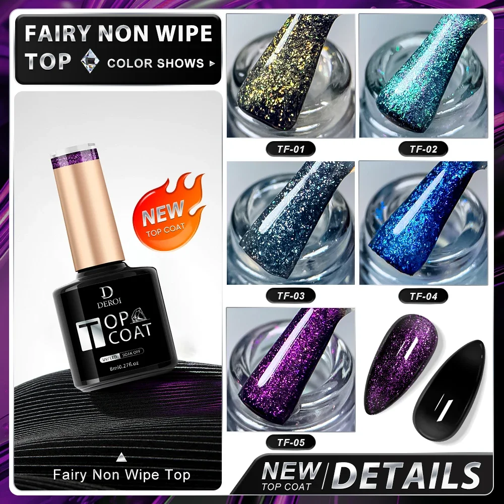 DEROI Glitter Geen Veeg Gel Top Coat Shine Topcoat Fairy Top Coat Vernis Losweken UV Ultra Wit Zwart Gel Polish Nail Art