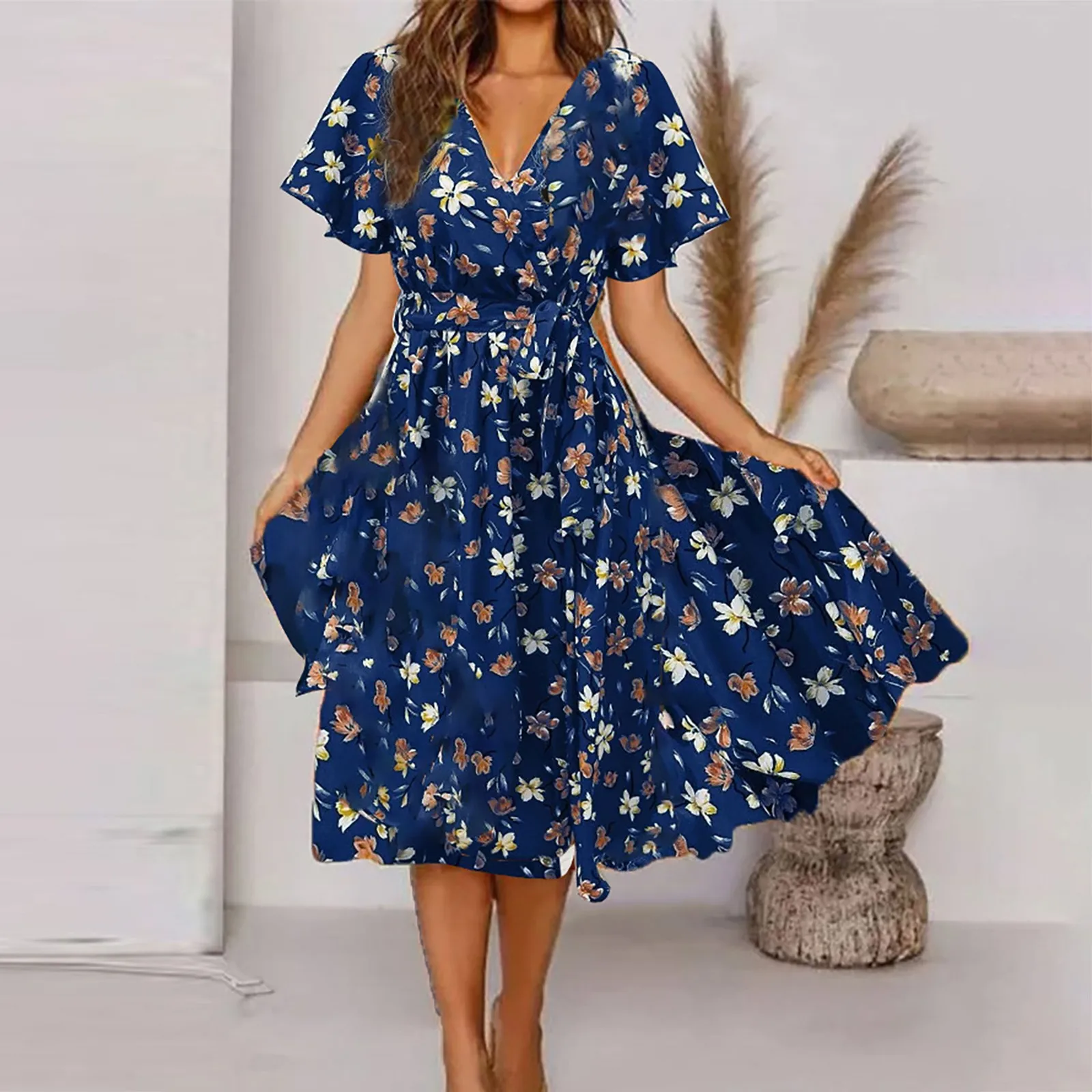 Women'S Dress Summer Short Sleeve Floral Print V Neck Maxi Long Slim Midi Dress Belt Sexy Robe Evening Chic Vestido Boho